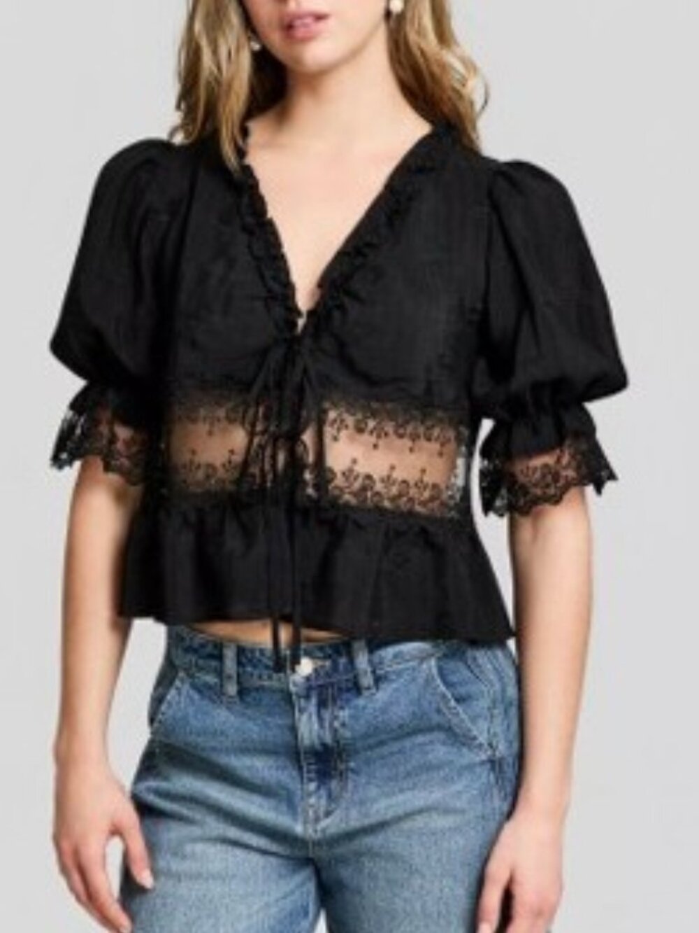And Now This Embroidered Mesh-Inset Tie-Front Top Sz XL